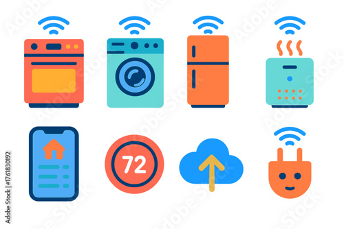 Home Automation Appliances flat icons: Wi-Fi enabled oven, washing drum, fridge icon, air purifier, mobile dashboard, thermostat, cloud sync, smart plug. , , High resolution, sharp