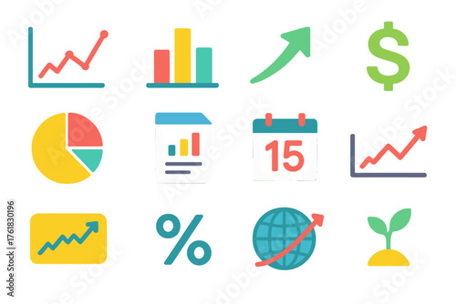 Financial Index Icons flat icons: stock graph, bar chart, upward arrow, dollar sign, pie chart, report sheet, calendar date, trend line, index ticker, percentage symbol, market