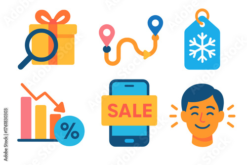 Seasonal Consumer Behavior flat icons: gift search icon, shopping journey map, snowflake tag, discount influence chart, mobile sale banner, happy customer face.