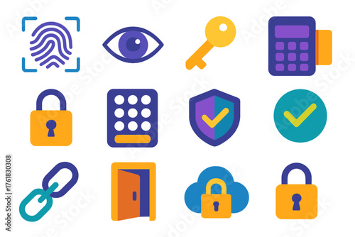 Digital Access flat icons: biometric scan, fingerprint, retina, key, card reader, padlock, passcode, data shield, checkmark, chain link, door icon, cloud lock. , , High resolution,