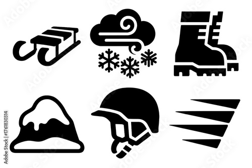 Winter Rush silhouette set: sled, snowstorm, boots, snowdrift, helmet, speed lines.