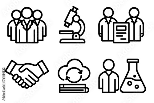Research Teamwork outline icon set: scientists group, microscope, data chart, shared document, lab notebook, handshake, cloud sync, experiment flask.
