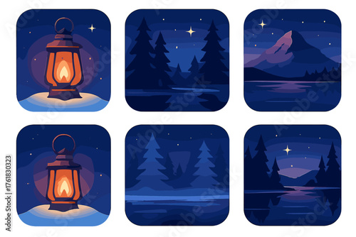 Winter Long Nights flat icons: lantern in snow, night forest, glowing stars, mountain outline, frosty mist, still lake. , , High resolution, sharp vector-like appearance, ideal for