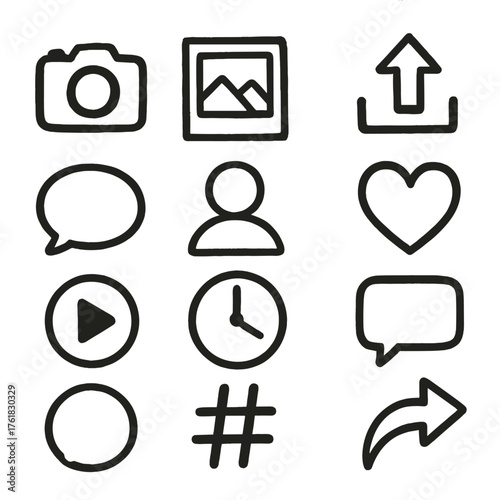 Story Sharing set of icons in doodle hand-drawn vector style: camera icon, photo frame, video clip, upload arrow, chat bubble, profile circle, heart reaction, comment icon, play