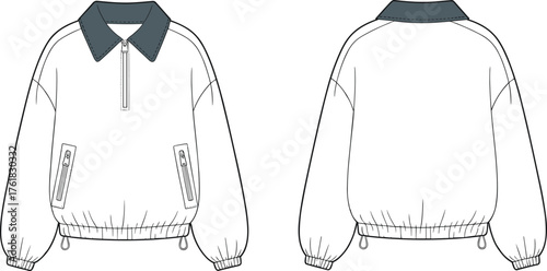 Technical Fashion Flat Sketch of an Oversized Quarter-Zip Anorak Pullover, Cropped Bomber Jacket Template with Polo Collar and Pouch Pockets, Apparel Vector Outline.
