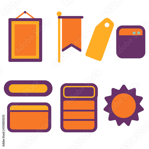 Black Friday Sale Signs flat icons: store window poster, sale flag, markdown tag, digital display, clearance label, price board, neon text box, promotional badge. , , High