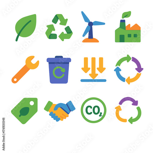 Sustainable Material Flow Symbols flat isometric set: leaf, recycling arrows, renewable energy icon, eco factory, repair wrench, reuse bin, waste reduction sign, flow diagram,