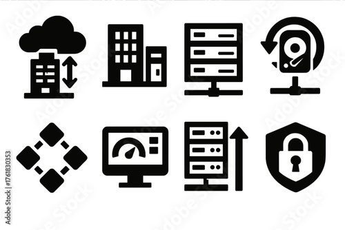 Enterprise Storage Solutions silhouette set: hybrid cloud infrastructure, private data center, SAN/NAS system icon, backup recovery tool, redundancy network diagram, performance