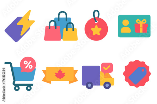 E-Commerce Discounts flat icons: flash sale icon, bulk deal badge, loyalty reward tag, referral bonus card, cart discount popup, seasonal offer ribbon, free shipping label,