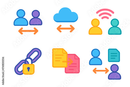 Peer-to-Peer Transfers flat icons: peer nodes, bidirectional arrows, shared cloud, wireless icons, secure link, document flow. , , High resolution, sharp vector-like appearance,