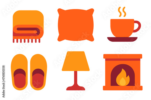 Cozy warmth flat icons: folded blanket, pillow, cup of tea, slippers, lamp, fireplace.