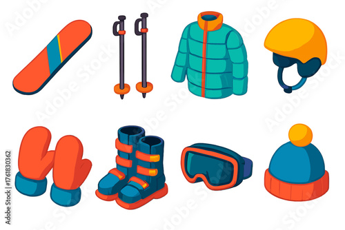 Ski Gear Ready flat isometric set: snowboard, ski poles, thermal jacket, helmet, mittens, boots, ski mask, wool hat.