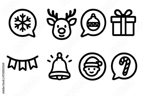 Festive Group Chats outline icon set: snowflake chat bubble, reindeer emoji, ornament message icon, gift sticker, holiday banner, glowing bell, festive avatar circle, candy cane