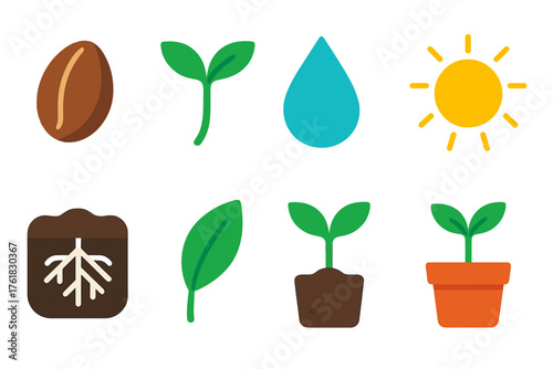 Seedling flat icons: seed, sprout, soil, roots, droplet, leaf, sunlight, small pot.