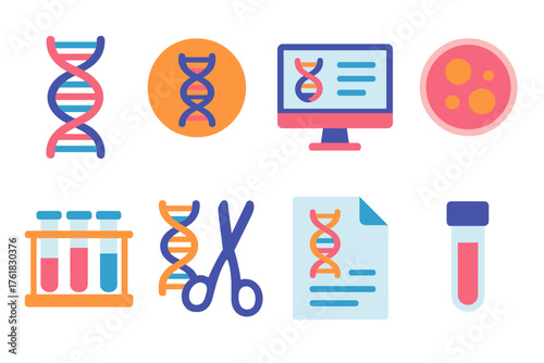 Biotech Research flat icons: DNA strand, genome symbol, lab computer, cell culture dish, test rack, gene editing tool, report file, sample tube.