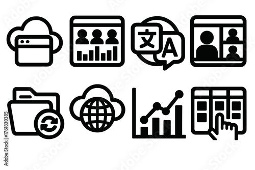 Digital Global Collaboration silhouette set: cloud workspace icon, remote team dashboard, translation tool badge, virtual meeting window, synced document folder, worldwide data