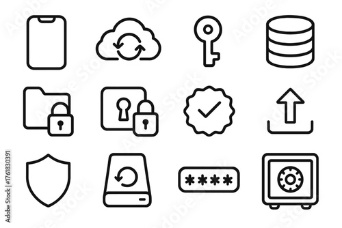 Digital Secure Storage outline icon set: smartphone, cloud sync, encryption key, database, secure folder, data lock, verification badge, upload arrow, security shield, backup drive