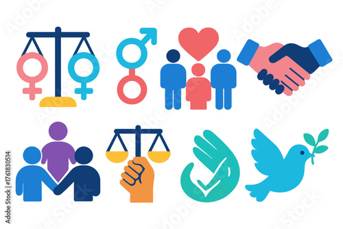 Gender Equality flat icons: balance, female and male symbols, teamwork, heart, handshake, community, fairness icon, peace dove.