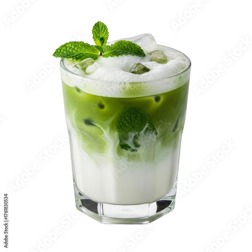 Iced Matcha Latte with Mint and Ice isolated on a transparent background