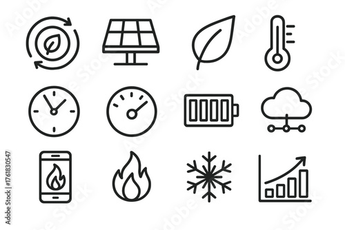 Eco Smart Heating outline icon set: eco dial, solar panel, leaf symbol, temperature slider, schedule clock, humidity meter, energy bar, cloud connection, app screen, flame icon,