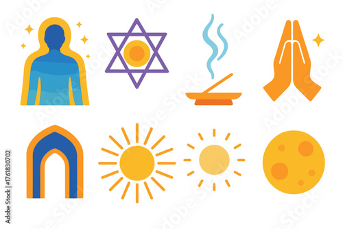 Spiritual Presence flat icons: glowing aura, sacred geometry, incense smoke, starry sky, prayer hands, temple arch, radiant sun, full moon.