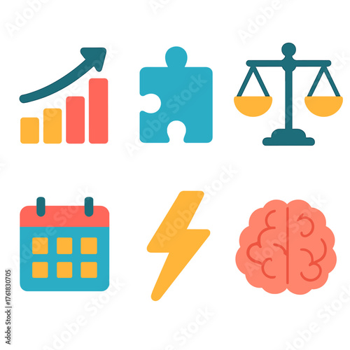 Life Optimization flat icons: progress chart, puzzle piece, balance scale, calendar, lightning bolt, brain icon. , , High resolution, sharp vector-like appearance, ideal for UI and