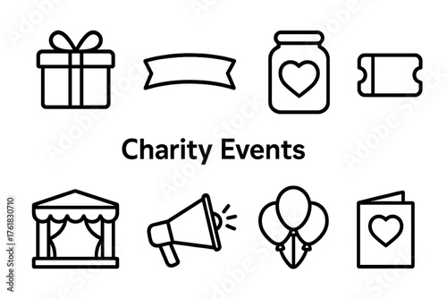 Charity Events outline icon set: gift box, ribbon banner, fundraising jar, ticket pass, event stage, megaphone, balloon cluster, thank-you card.