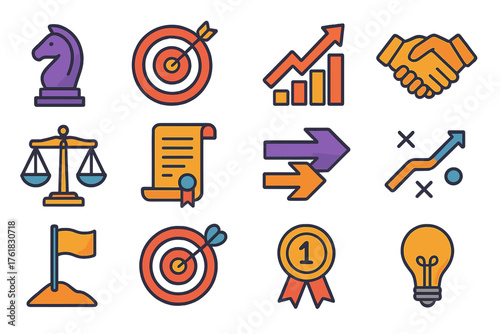 Business Rivalry Icons flat icons: chess piece, target, upward graph, handshake, balance scale, contract scroll, race arrow, strategy map, goal flag, dartboard, winner badge,
