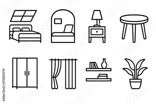 Loft outline icon set: bed with skylight, cozy nook, lamp stand, table, wardrobe, curtains, shelf, plant pot.