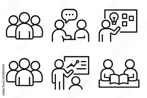 Student Collaboration outline icon set: teamwork icon, discussion bubble, shared notes, task checklist, idea board, group avatars, project chart, study session.