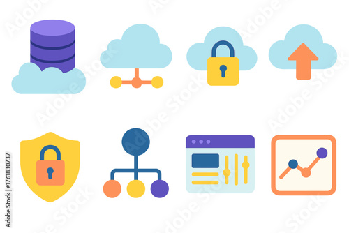 Cloud Hosting flat icons: database icon, cloud platform, security lock, file upload, connection diagram, data sync, hosting control panel, system graph.