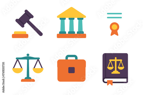 Legal Professions flat icons: gavel, courthouse, legal document, scales of justice, briefcase, law book.