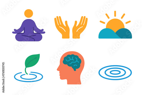 Mind-Body Balance flat icons: peaceful figure, open hands, sunrise, floating leaf, mind symbol, gentle ripple. , , High resolution, sharp vector-like appearance, ideal for UI and