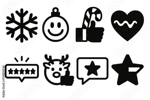 Festive User Ratings silhouette set: snowflake stars, ornament smiley, candy cane thumbs up, frosty heart icon, glowing feedback bar, reindeer approval badge, holiday comment