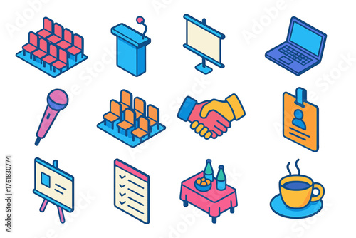 Corporate Venue Symbols flat isometric set: conference hall, podium, projector screen, laptop, microphone, audience seats, handshake, name badge, whiteboard, schedule sheet,