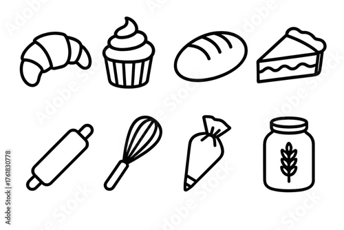 Bakery Delights outline icon set: croissant, cupcake with frosting, loaf of bread, pie slice, rolling pin, whisk, pastry bag, flour jar.