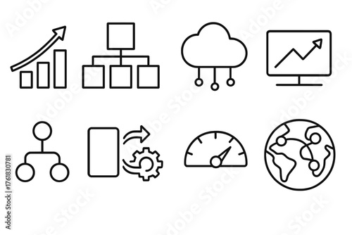 Scalable Solutions outline icon set: growth arrow icon, modular system diagram, cloud infrastructure, performance optimization chart, load balancing node, automation workflow,