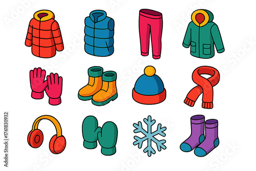 Insulated Apparel flat isometric set: puffer coat, insulated vest, thermal leggings, parka, gloves, boots, wool hat, scarf, earmuffs, mittens, snowflake, socks.