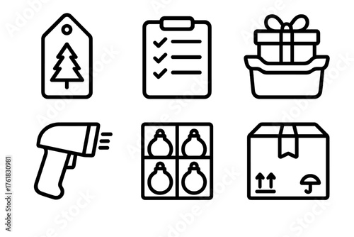 Seasonal Stock Control outline icon set: christmas tag, item checklist, gift storage bin, barcode scanner, ornament box, packed shipment.