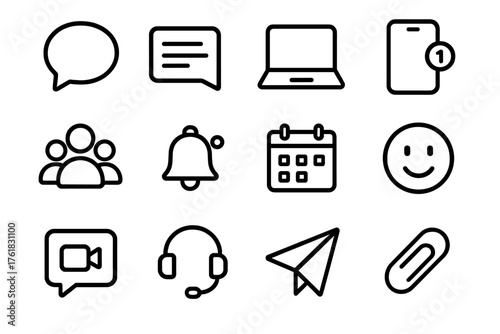 Workplace Chat outline icon set: chat bubble, message icon, laptop, smartphone, group icon, notification bell, calendar, emoji face, video call, headset, paper plane, attachment