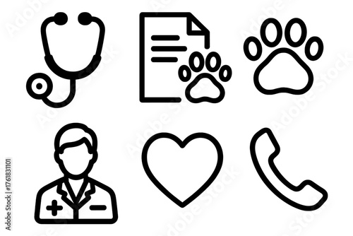Veterinary Support outline icon set: stethoscope, document, paw, doctor symbol, heart, phone.