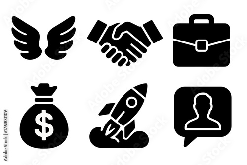 Angel Investment silhouette set: angel wings, handshake, briefcase, money bag, startup icon, mentorship bubble.