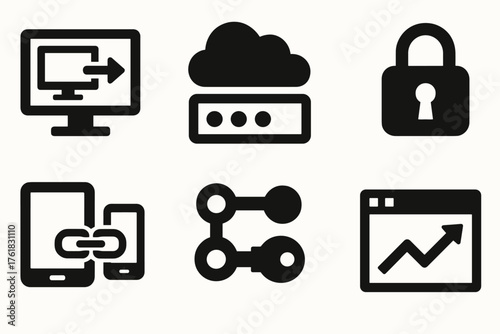Remote Access silhouette set: remote desktop, cloud service, password field, secure access lock, device link, connection flow, authentication key, online dashboard.