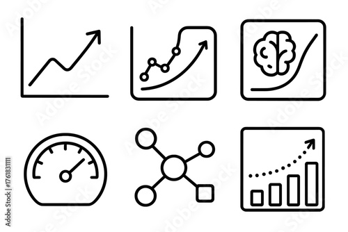 Predictive Modeling outline icon set: trend graph, data forecast line, algorithm curve, prediction chart, AI analytics icon, probability gauge, data input nodes, outcome projection