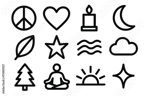 New Year Peace Minimal Line Icons silhouette set: peace symbol, heart outline, candle, moon crescent, leaf, star, wave, cloud, tree, meditating figure, sunrise, sparkle.