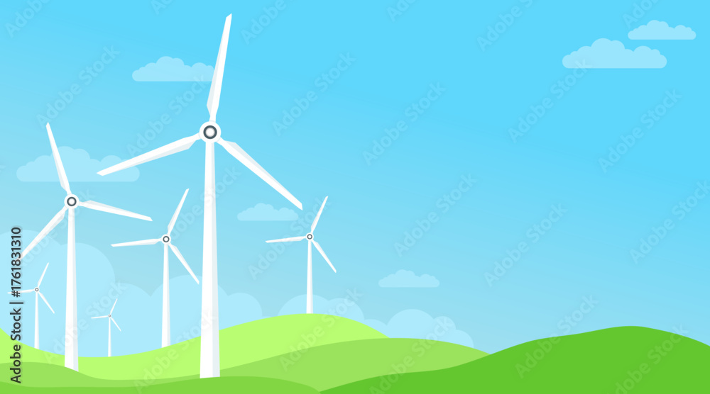 Fototapeta premium Turbine wind power green energy electricity concept wind energy plant windmill renewable ecology with green grass open sky vector illustration