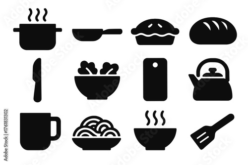 Comfort Food silhouette set: soup pot, skillet, pie dish, bread loaf, butter knife, salad bowl, cutting board, kettle, mug, plate of pasta, steaming bowl, wooden spatula.