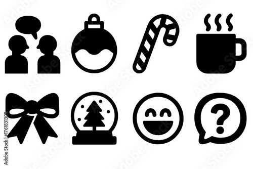 Holiday Icebreakers silhouette set: people talking, Christmas ornament, candy cane, warm drink, festive ribbon, snow globe, laughter symbol, question bubble.