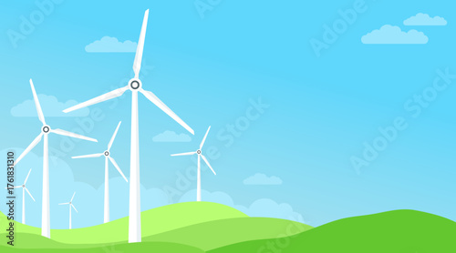 Turbine wind power green energy electricity concept wind energy plant windmill renewable ecology with green grass open sky vector illustration