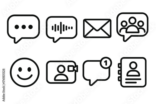 Online Communication outline icon set: text bubble, voice message icon, email, group chat, emoji reaction, video call icon, message alert, contact list.